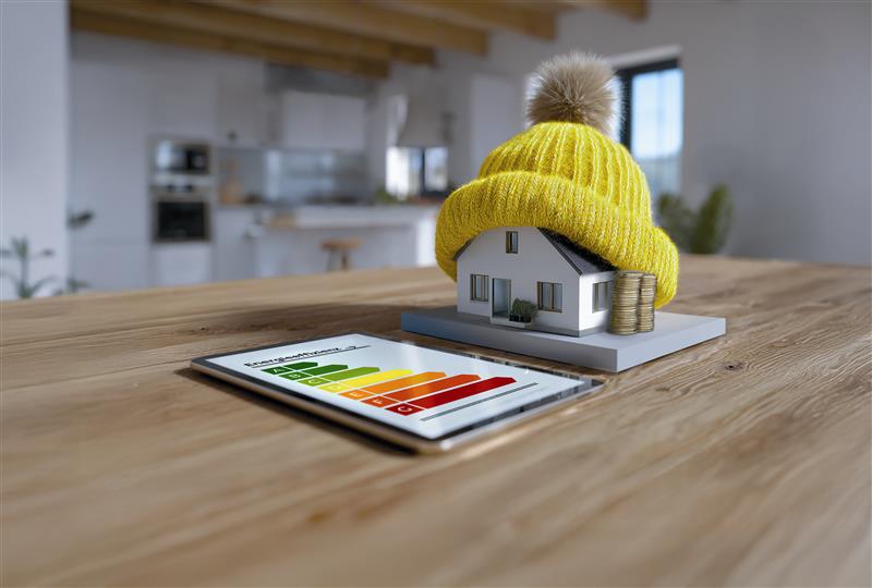 Auf einem Holztisch steht ein Modelhaus, das eine gelbe Pudelmütze trägt. Daneben ein Energielabel. Im Hintergrund eine modern eingerichtete Küche.